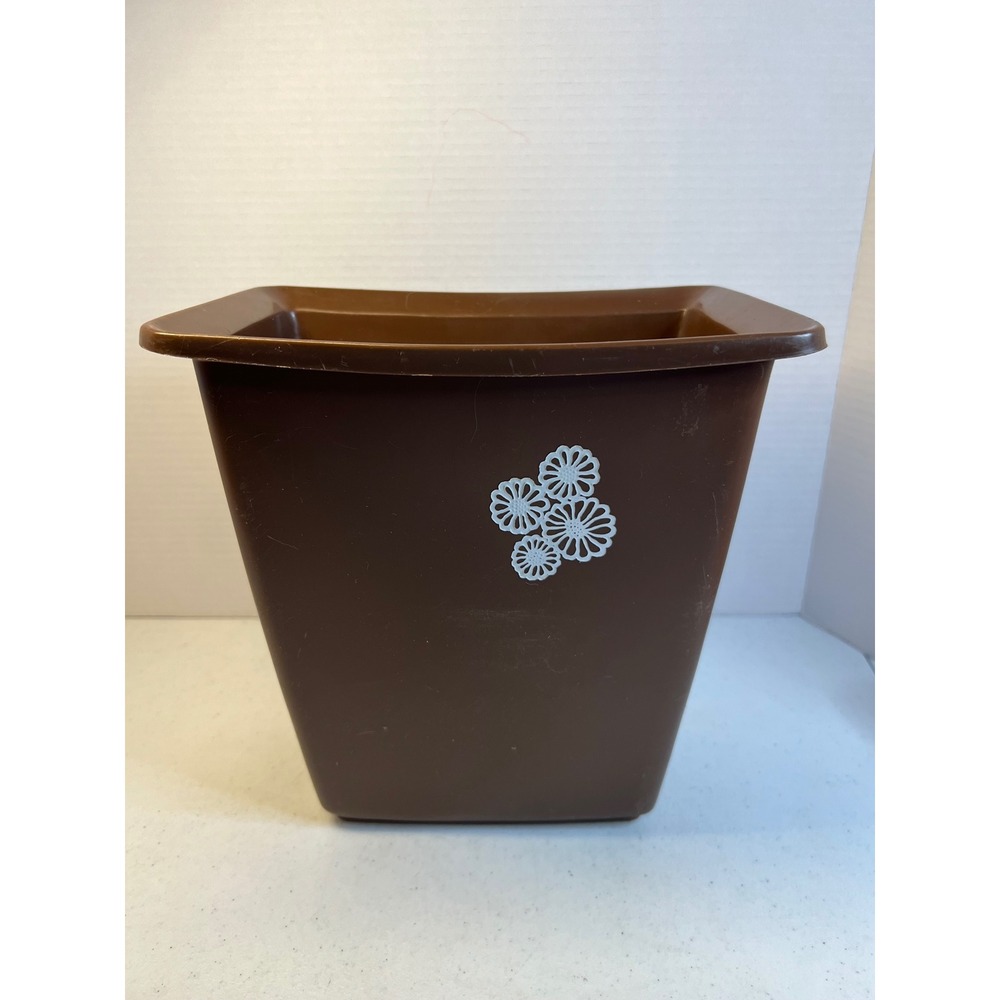 Vintage Rubbermaid 2952 Brown Wastebasket Trash Can White Daisy Floral Retro 70s